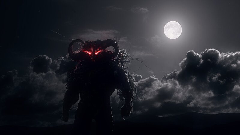 Demon with Glowing Eyes — Black, Dark, Night, Digital Art, Moon