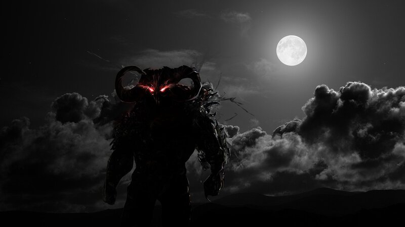 Demon with Glowing Eyes — Black, Dark, Night, Digital Art