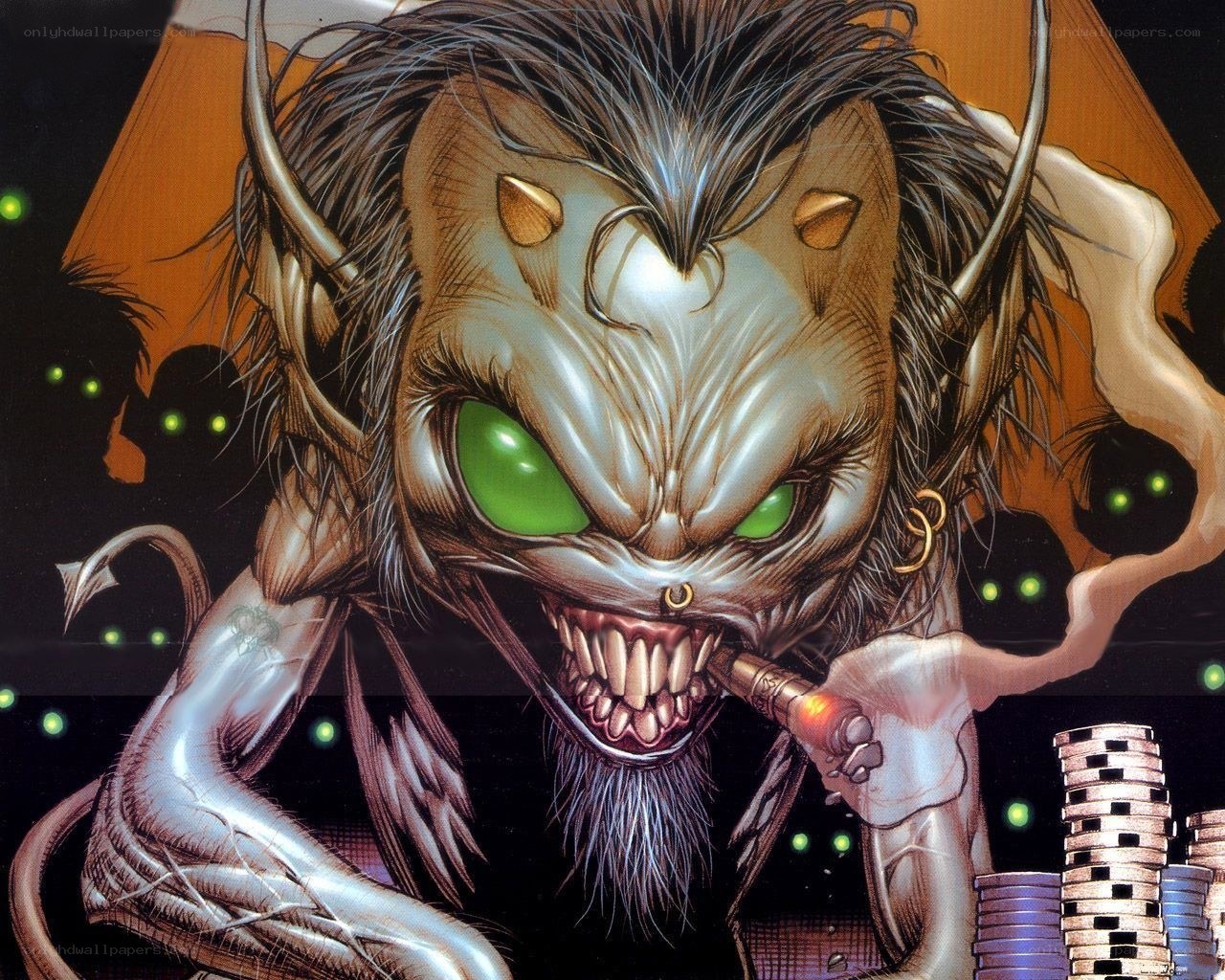 demon with green eyes smoking