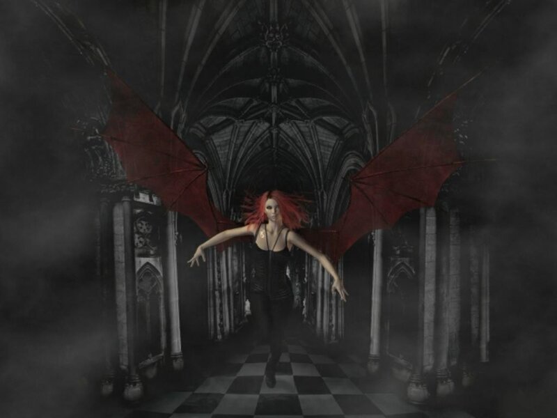 demon with red wings in cathedral