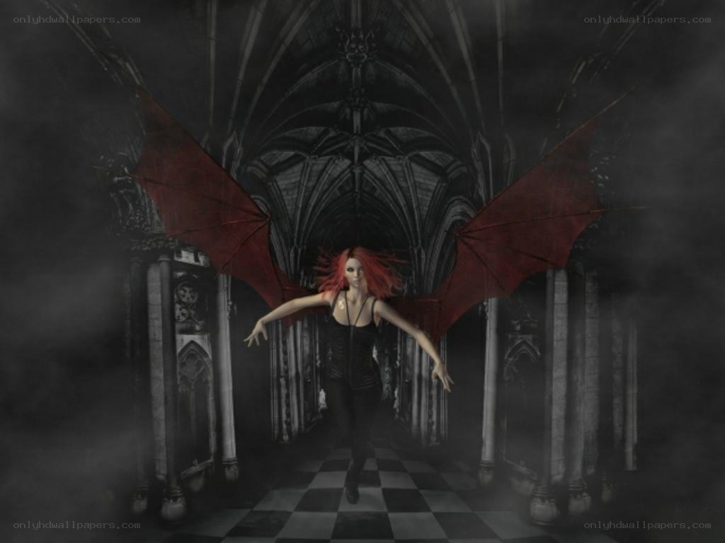 demon with red wings in cathedral
