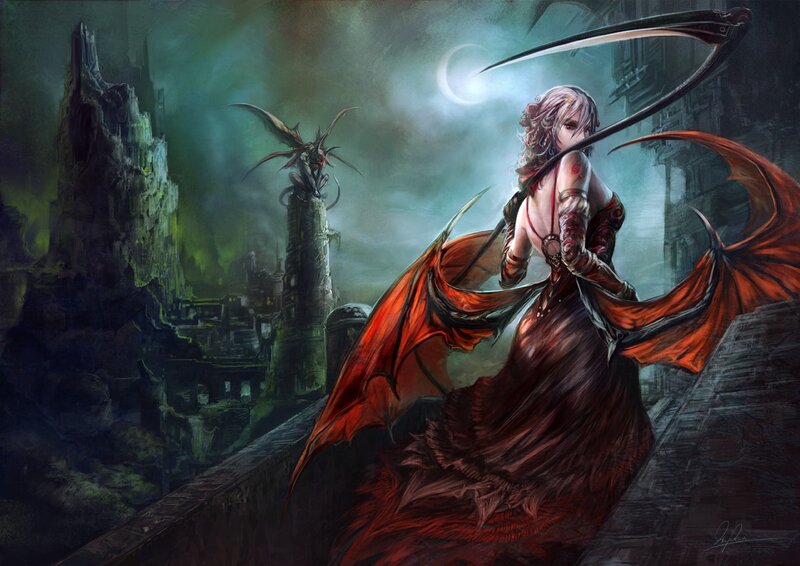 Demon with scythe in ruined city