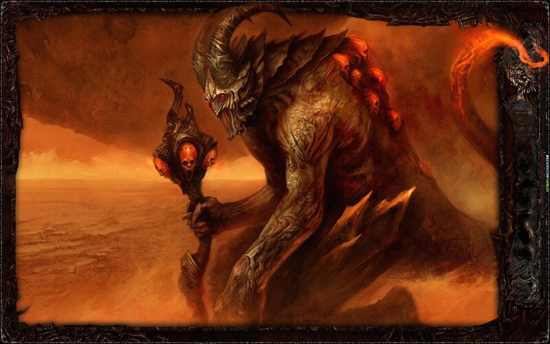 Demon with Staff — Orange, Dramatic, Sunset, Digital Art