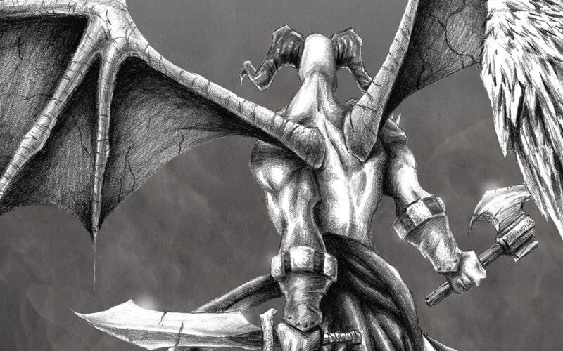 demon with wings and axe