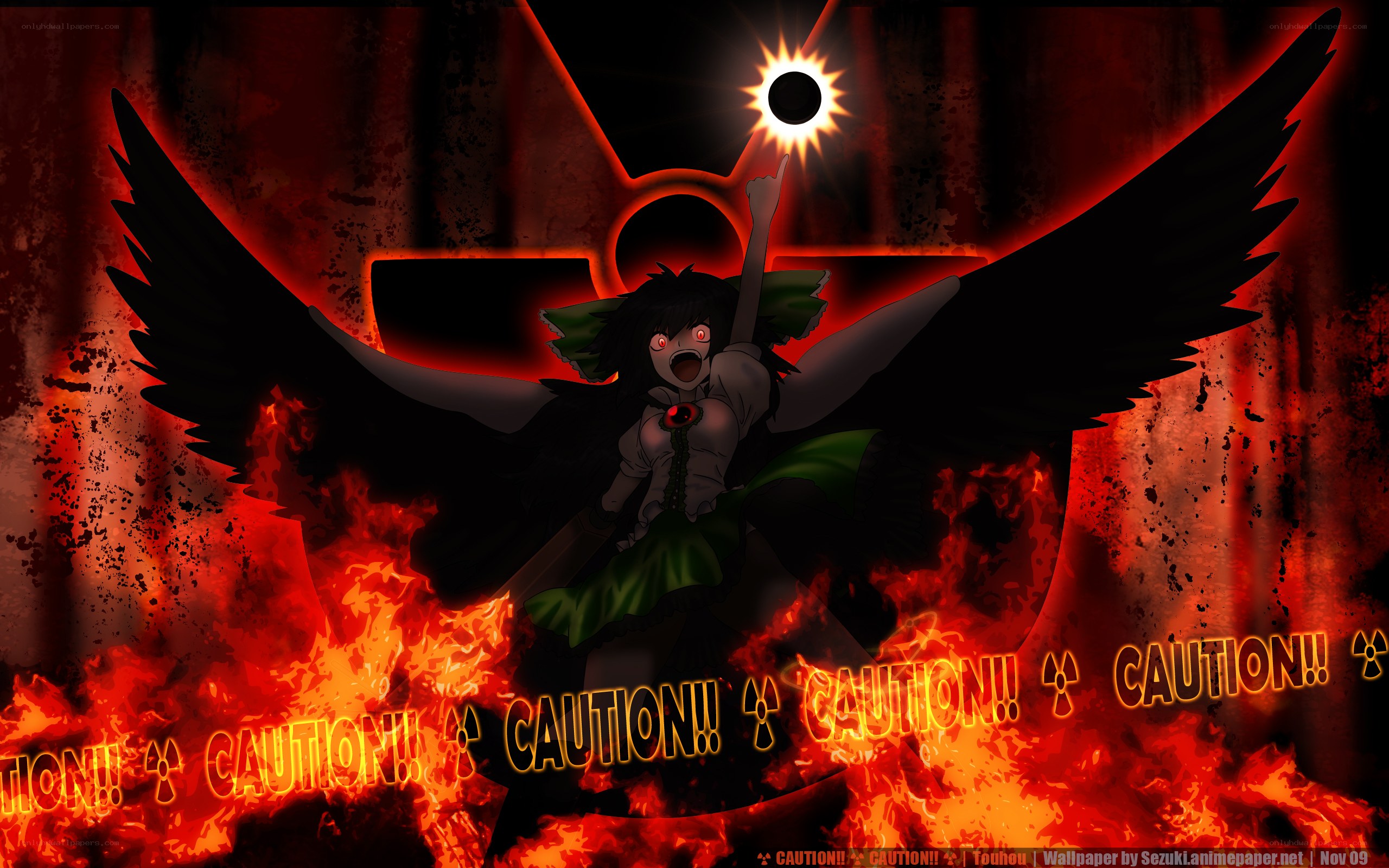 Demon with wings and caution signs