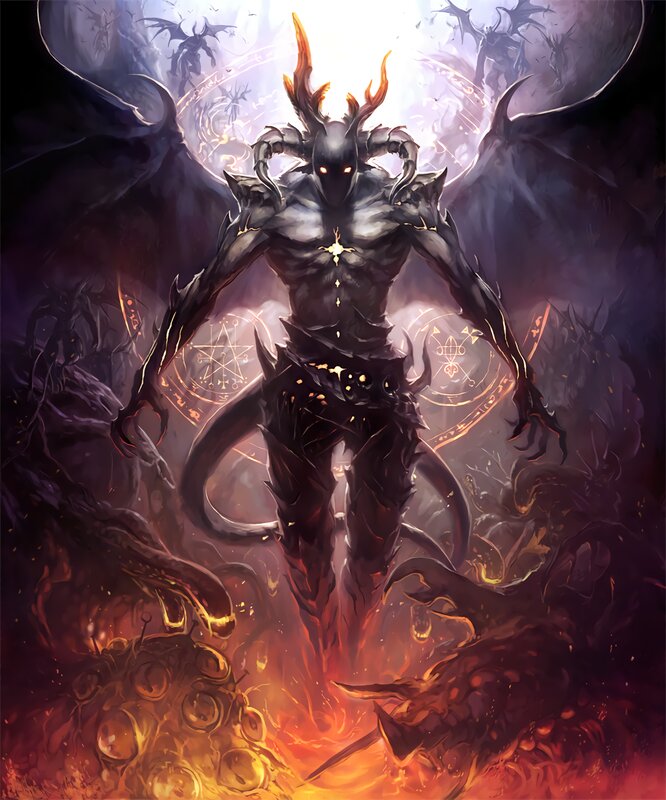 Demon with Wings and Horns — Black, Dramatic, Digital Art, Fire
