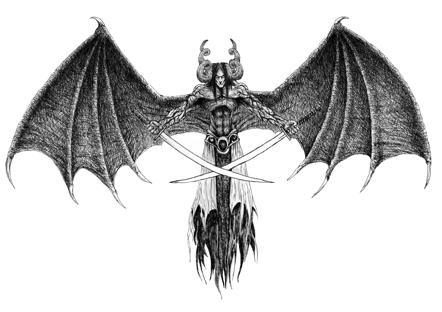 demon with wings and swords