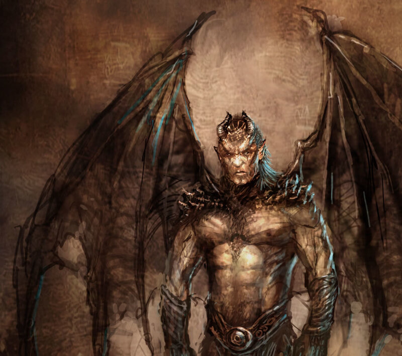 Demon with Wings — Brown, Dark, Digital Art, Horns