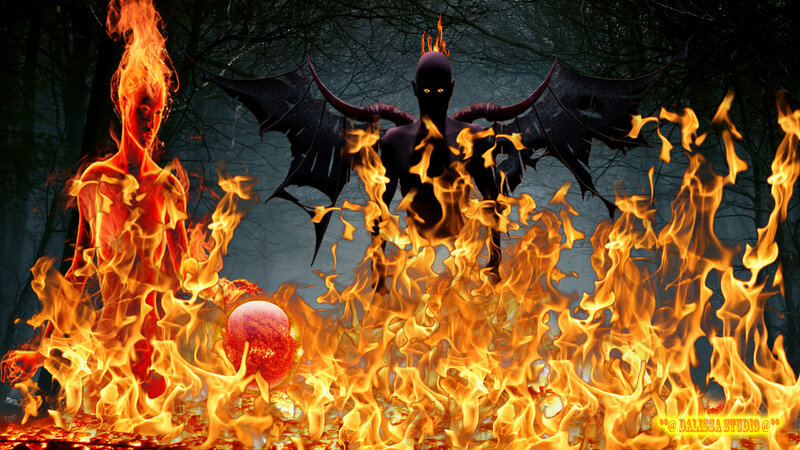 Demon with Wings in Fire — Orange