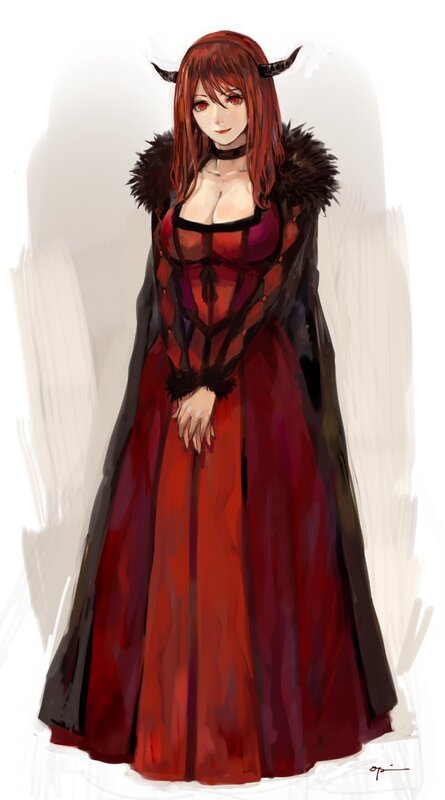 demon woman in red gown
