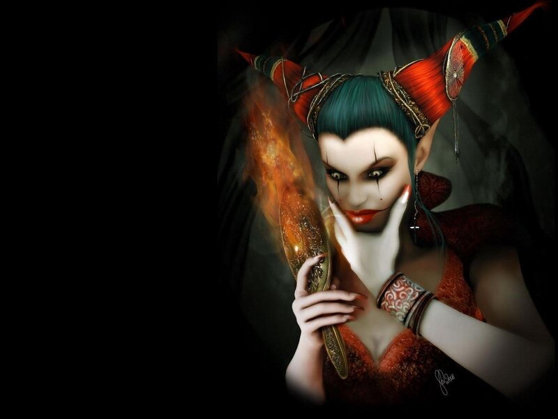 demon woman with fire staff