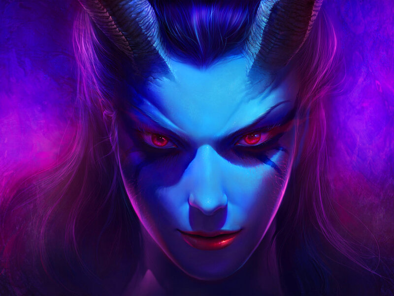Demon Woman with Horns — Blue, Dramatic, Digital Art