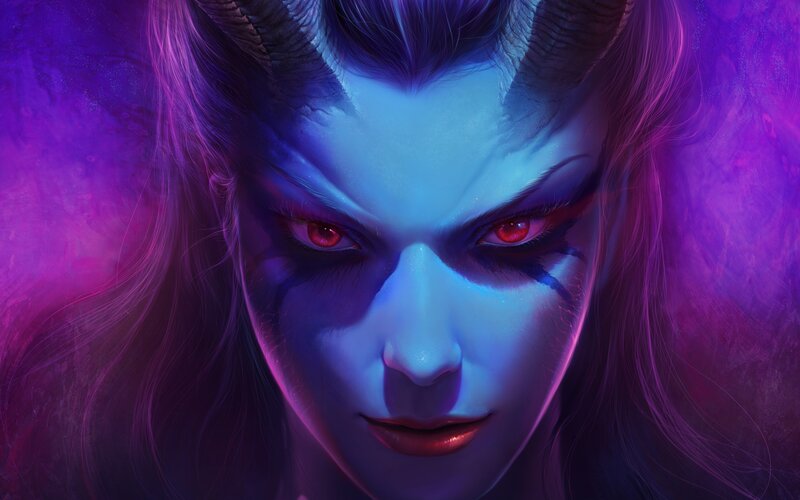 Demon Woman with Horns — Blue, Dramatic