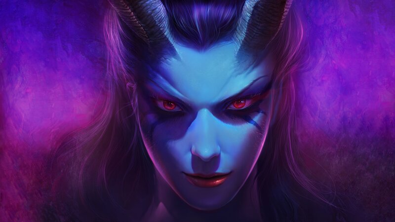 Demon Woman with Horns — Purple, Dramatic, Digital Art, Red Eyes