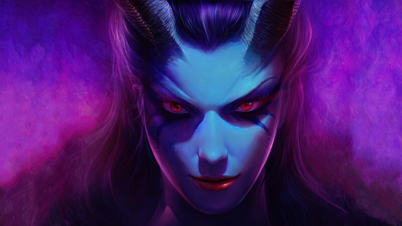 Demon Woman with Horns — Purple, Dramatic, Digital Art