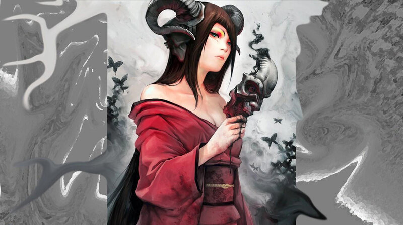 demon woman with skull staff