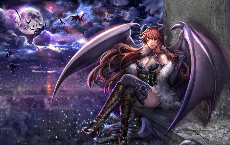 Demon Woman with Wings — Purple, Dramatic, Night, Digital Art