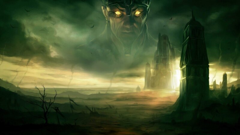 demonic figure over ruined city