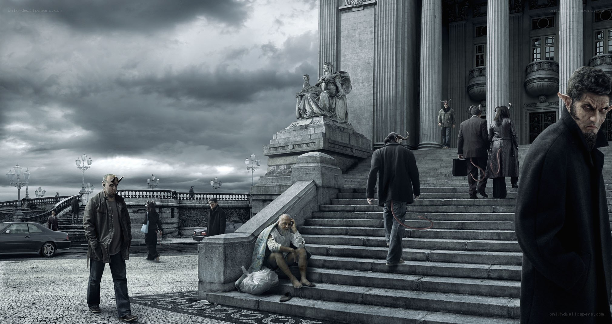 Demons in a city square