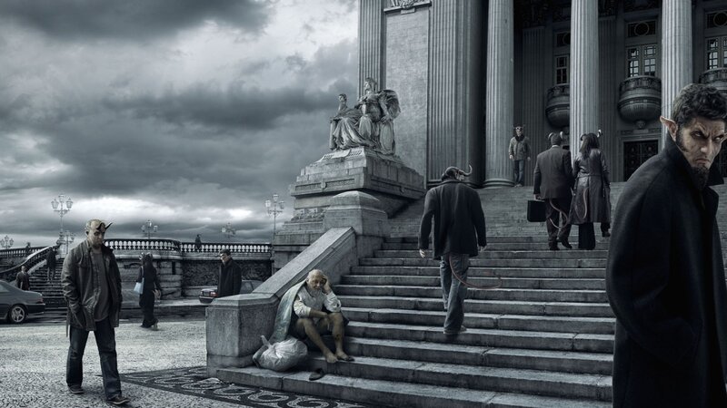 Demons in a city square