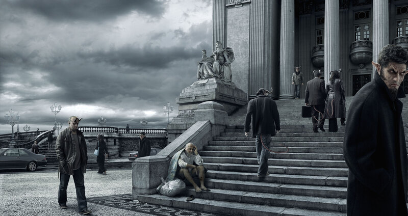 Demons in a city square