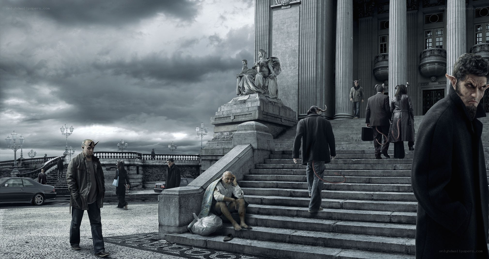 Demons in a city square