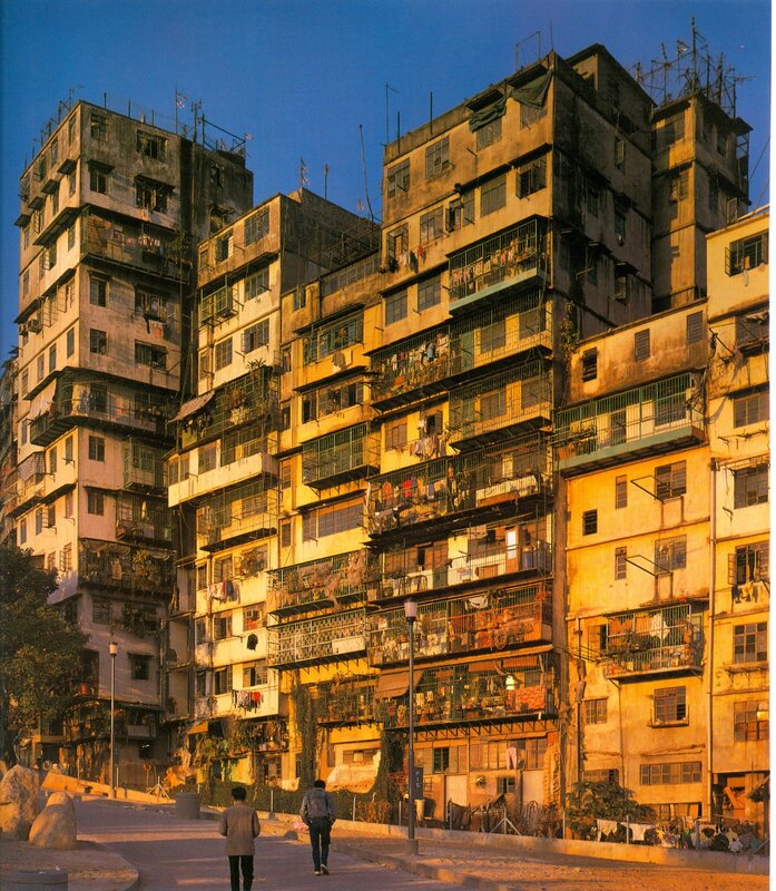 Dense apartment buildings at sunset