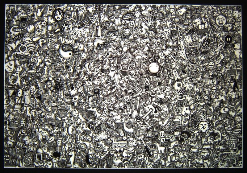dense black and white doodle art