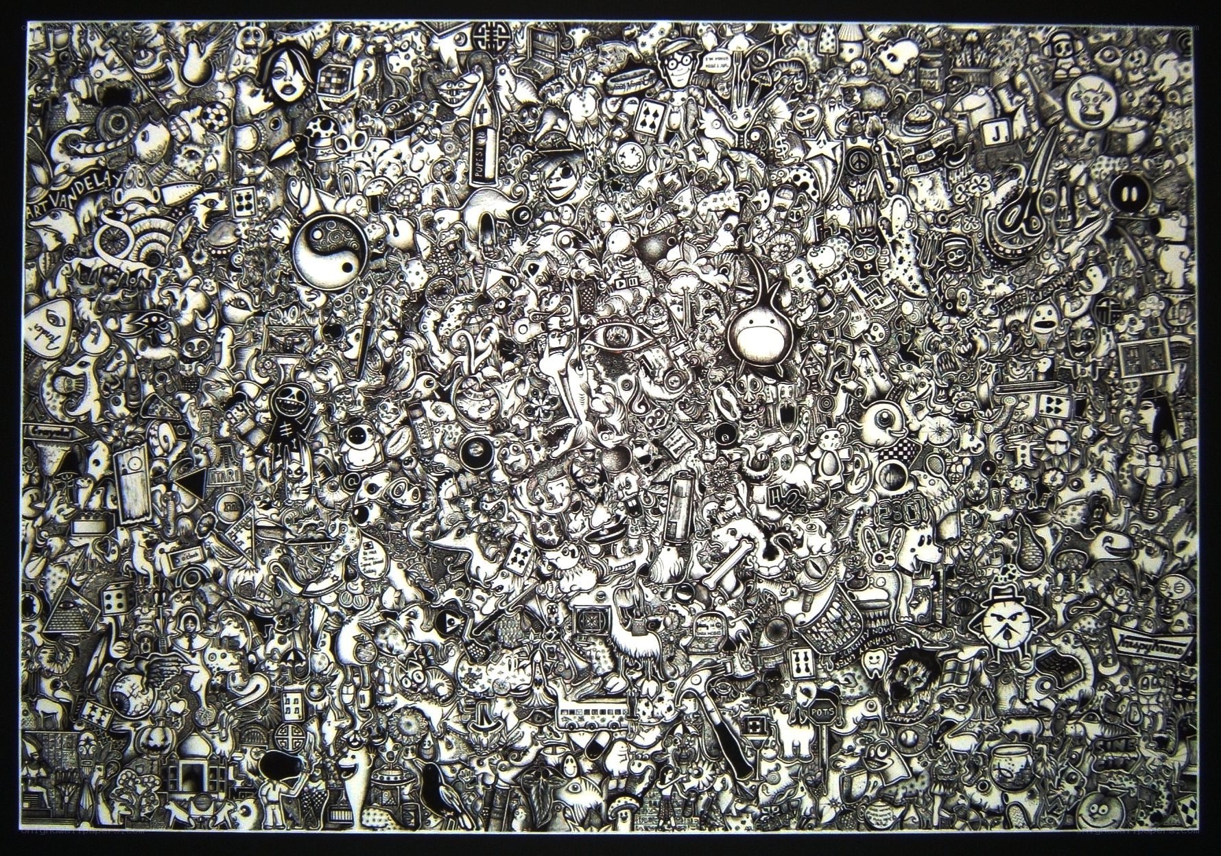dense black and white doodle art
