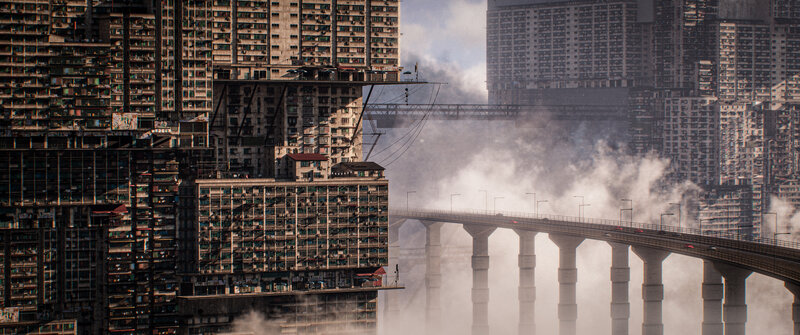 Dense Cityscape with Bridge