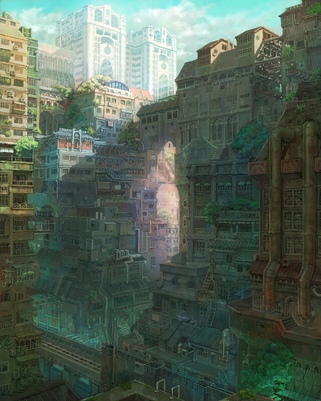 dense cityscape with futuristic buildings