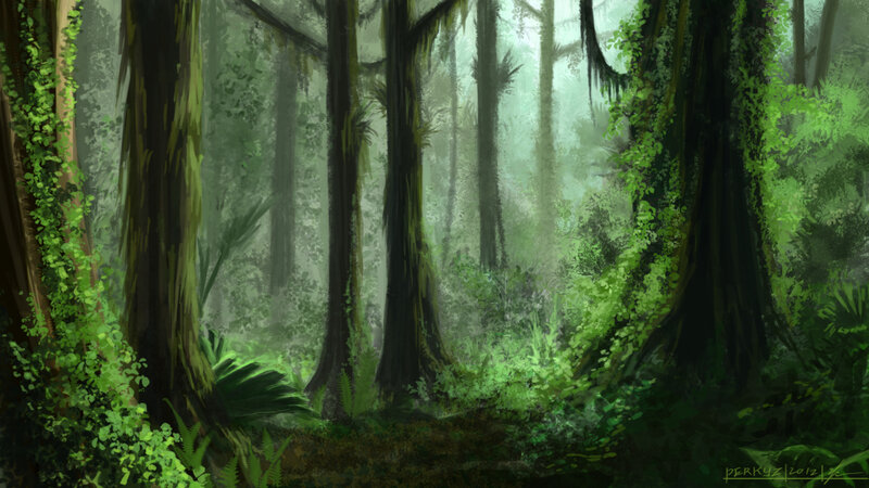 Dense Forest with Tall Trees — Green, Misty