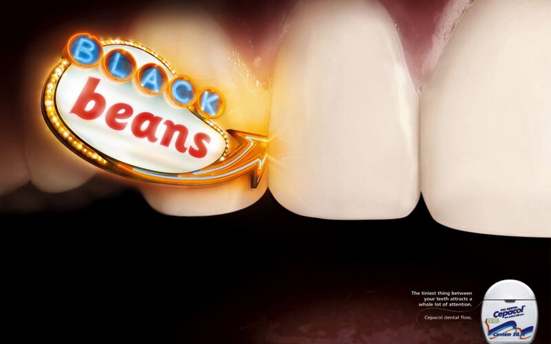 dental floss ad with black beans