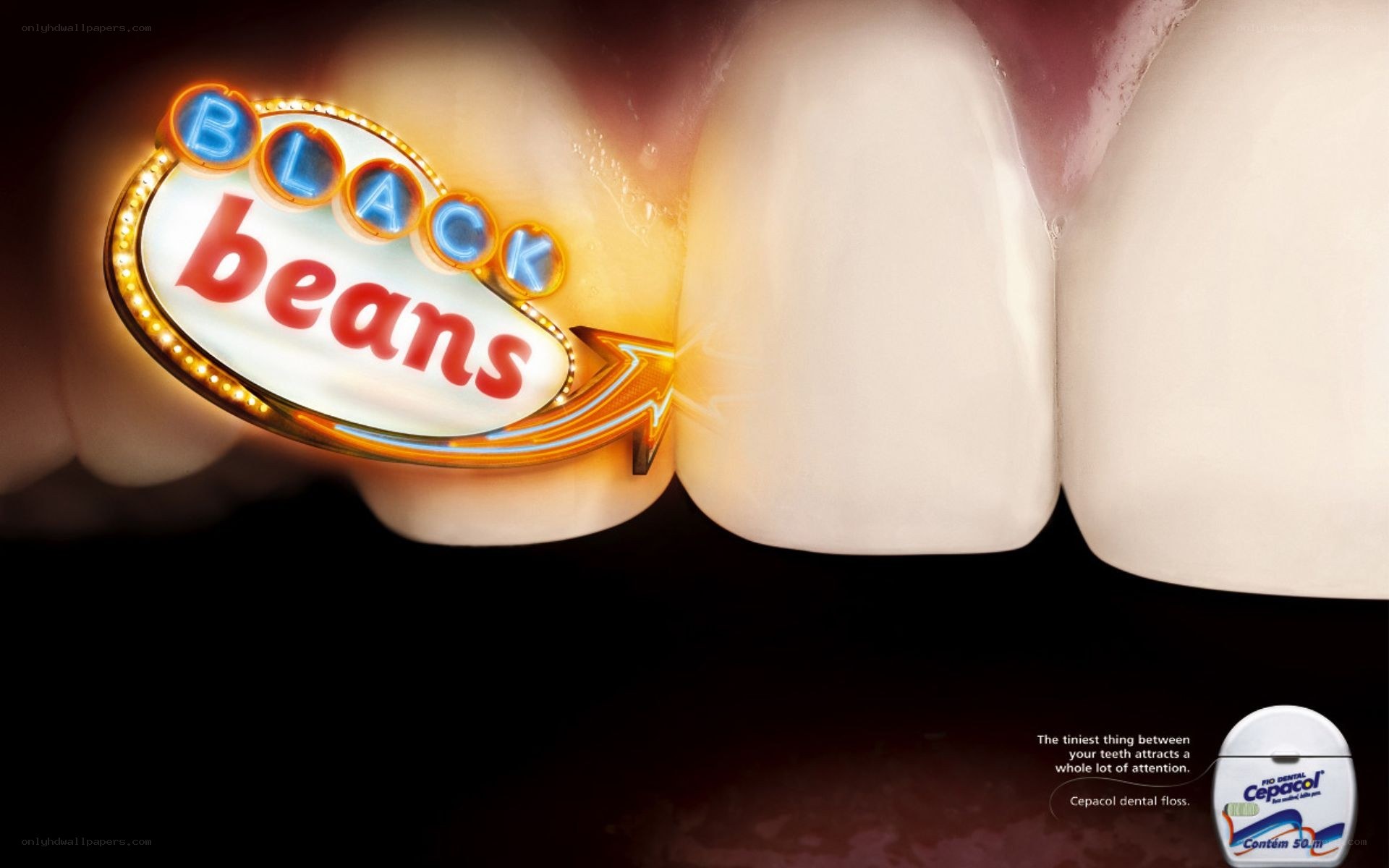 dental floss ad with black beans