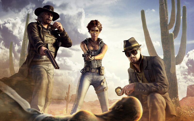 Desert action scene with three characters