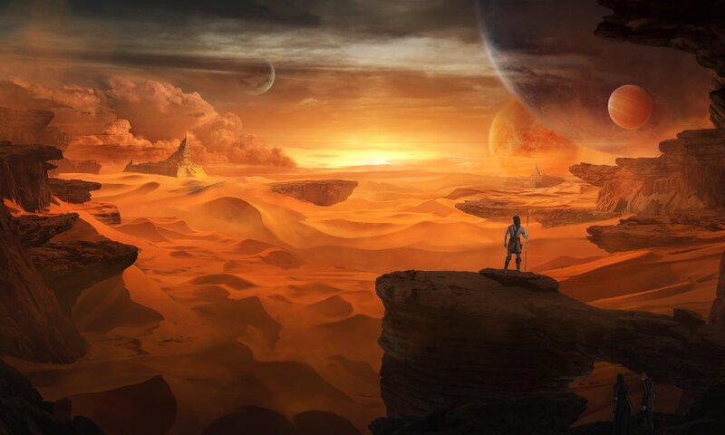 Desert alien landscape with planets