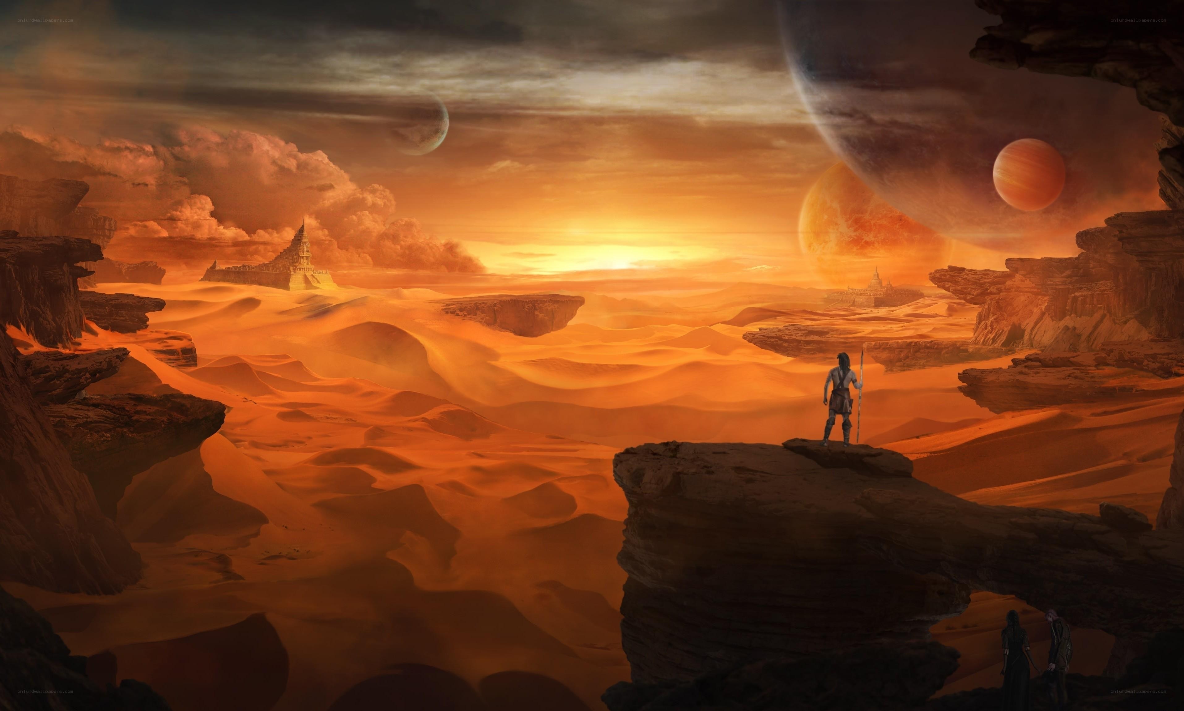 Desert alien landscape with planets