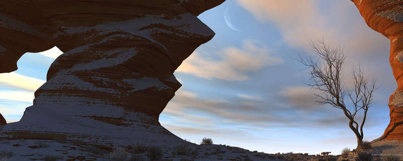 Desert arch with snow and moon