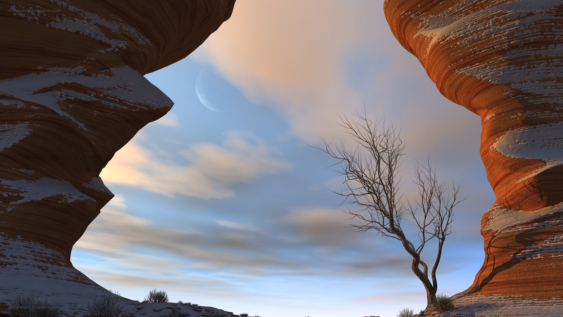 Desert arch with snow and moon