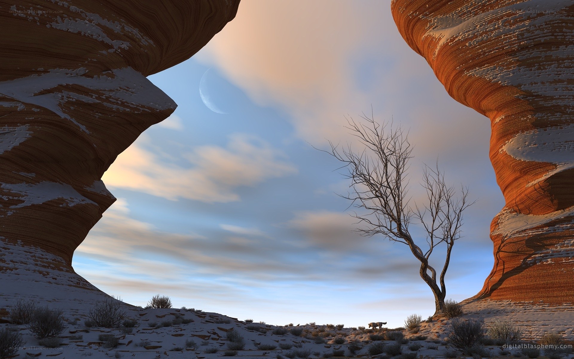 Desert arch with snow and moon