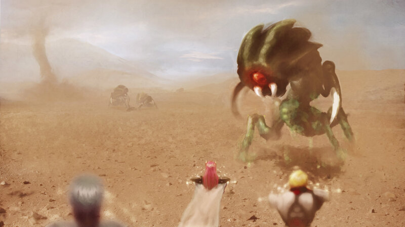 Desert battle with giant insect