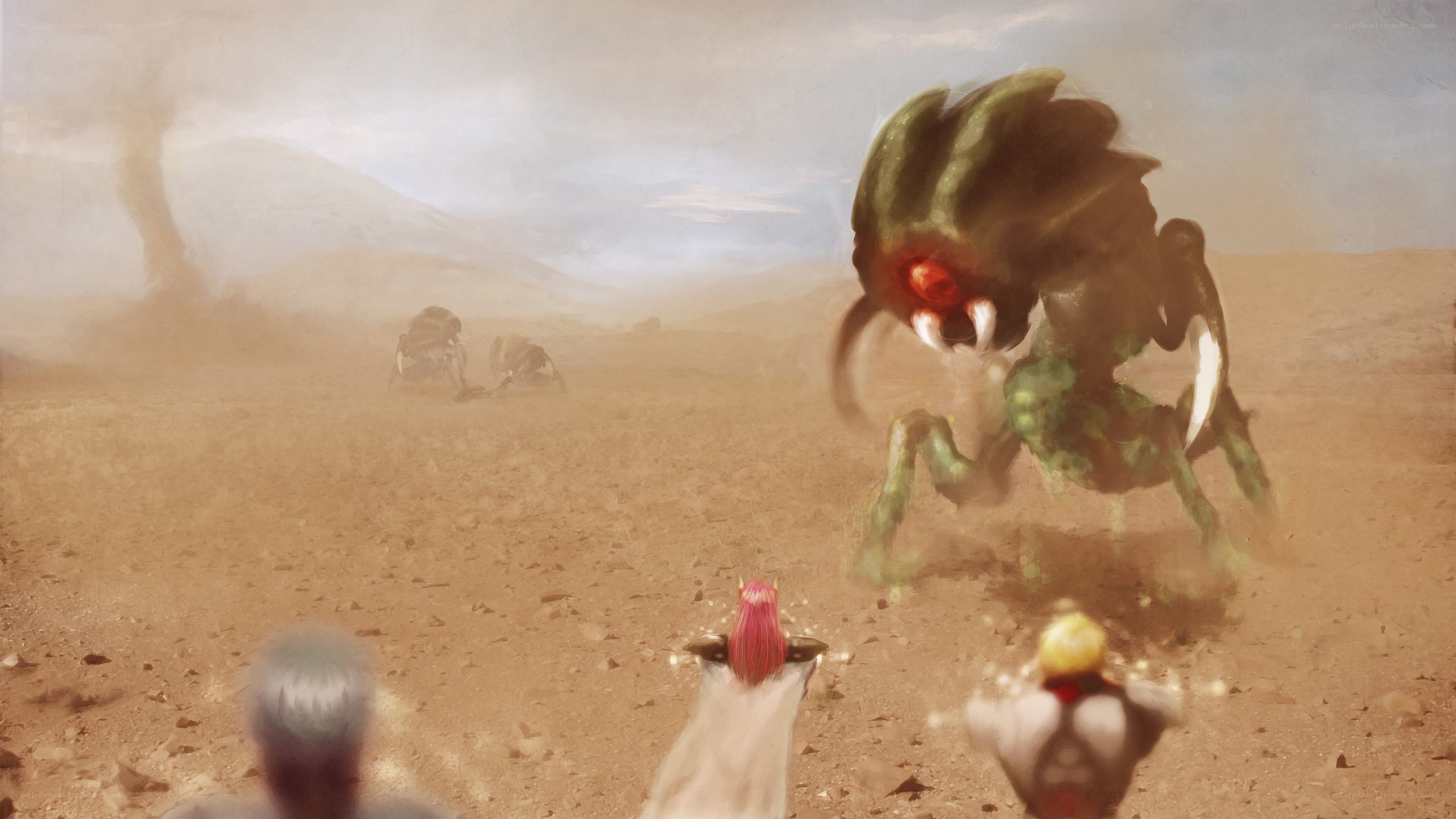 Desert battle with giant insect
