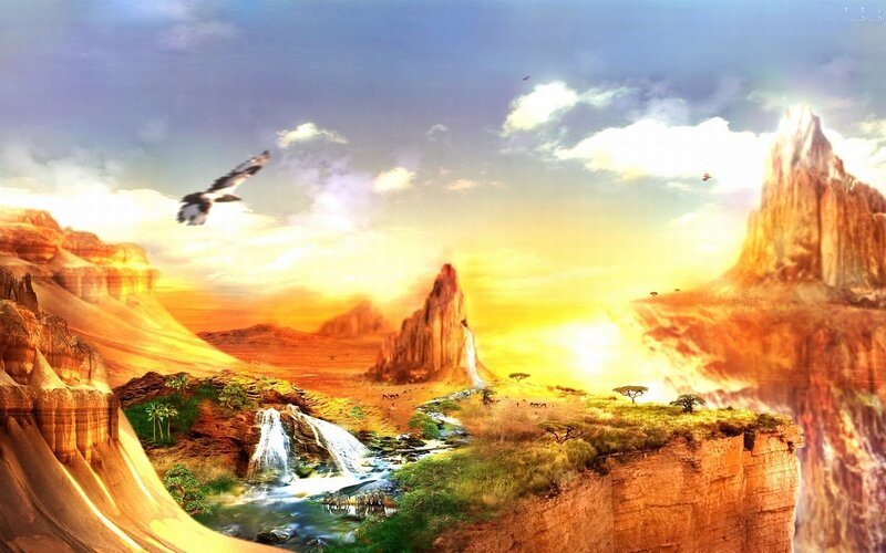 Desert Canyon Landscape — Orange, Dramatic, Sunset, Digital Art, Eagle