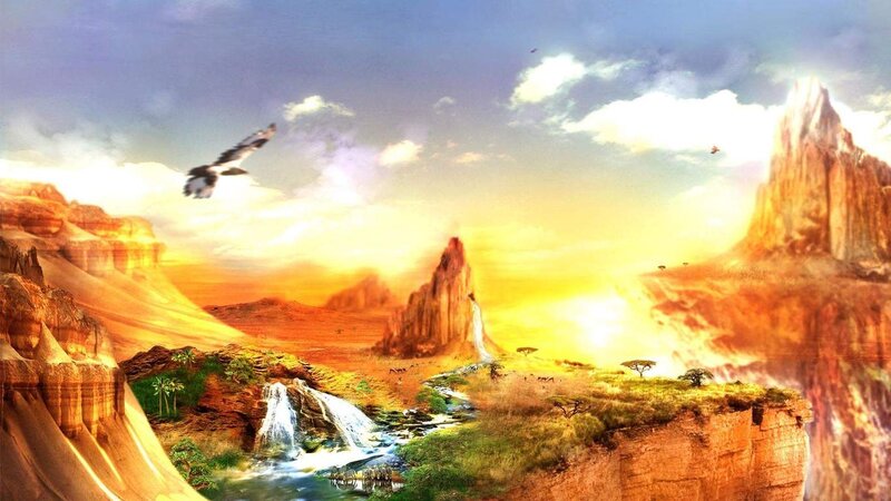 Desert Canyon Landscape — Orange, Dramatic, Sunset, Digital Art