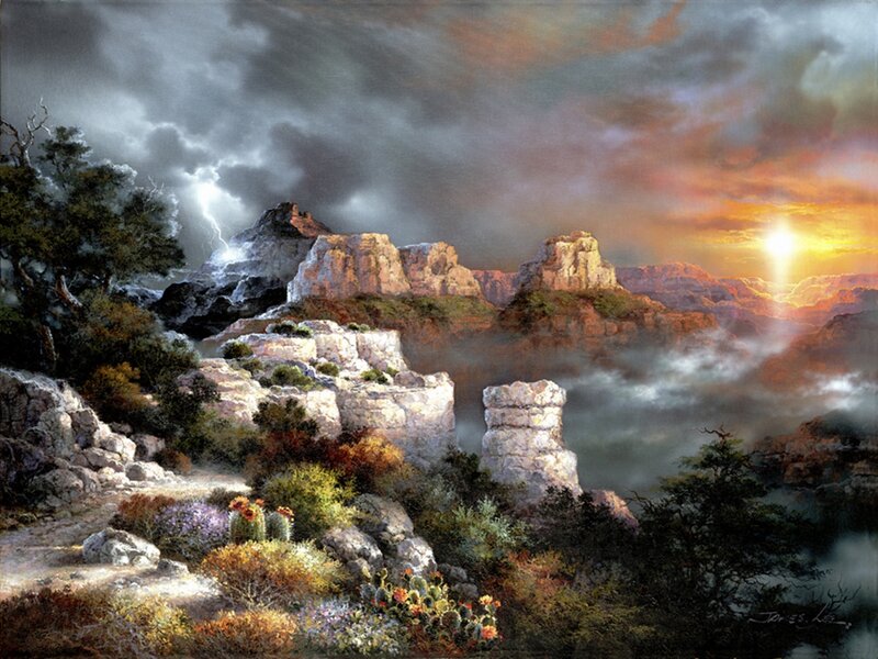 Desert Canyon Landscape — Orange, Dramatic, Sunset, Painting