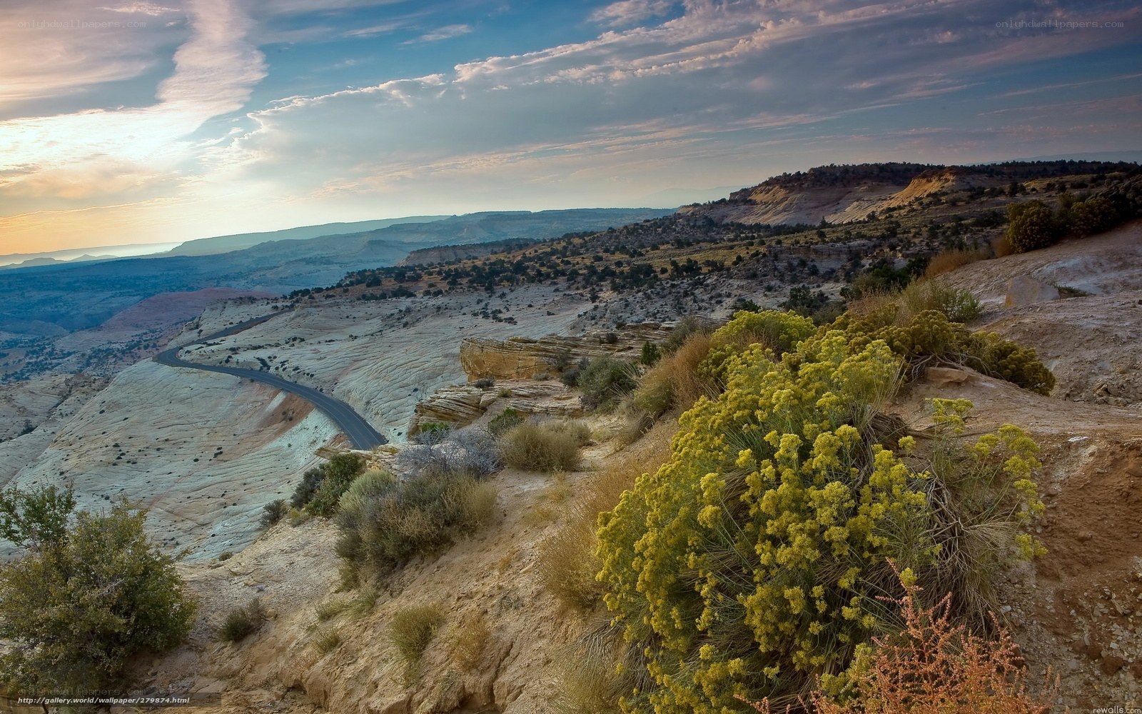 Desert canyon road at sunset