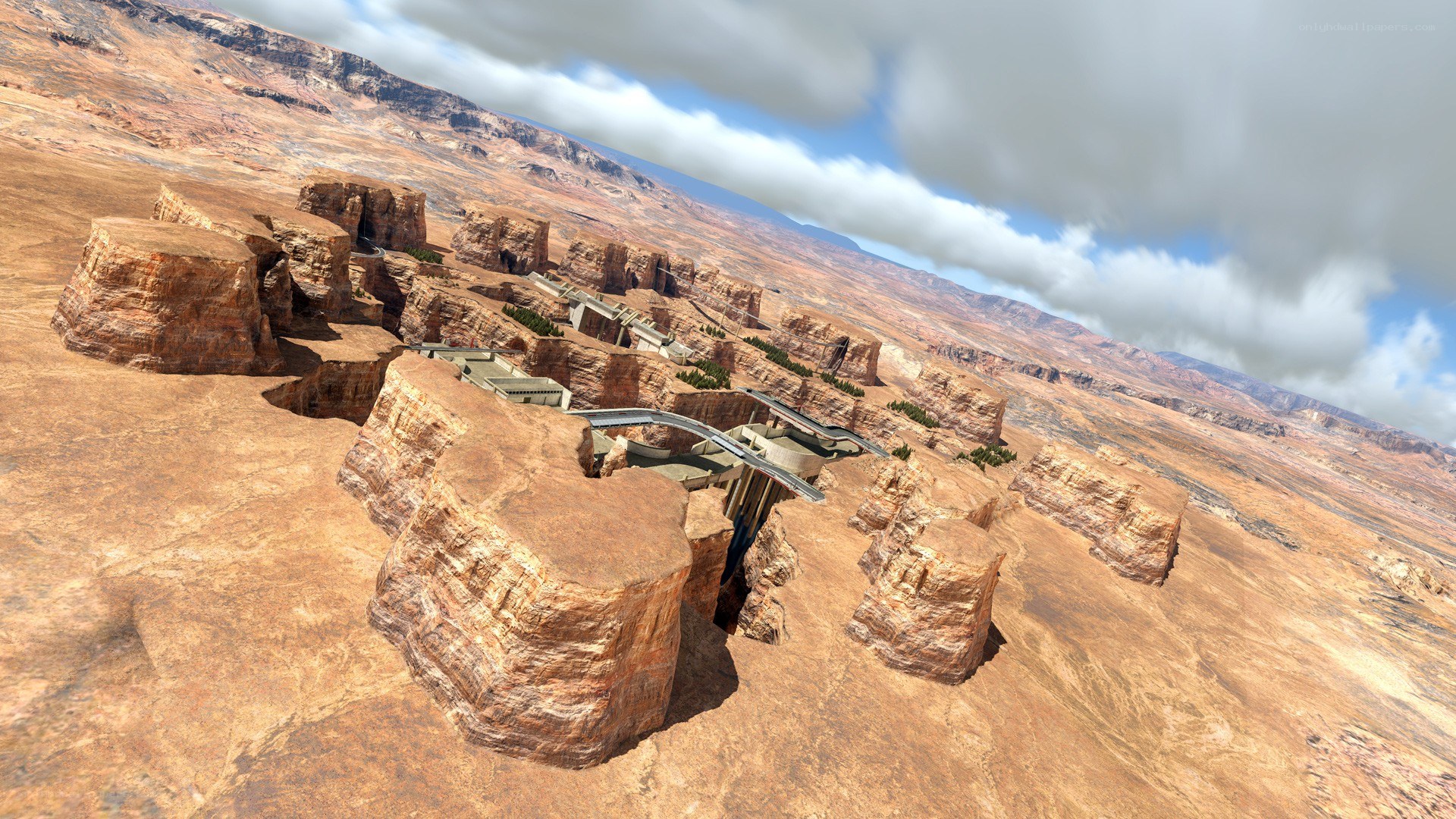 desert canyon with futuristic structures