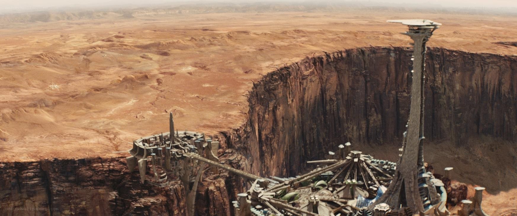 desert canyon with futuristic structures