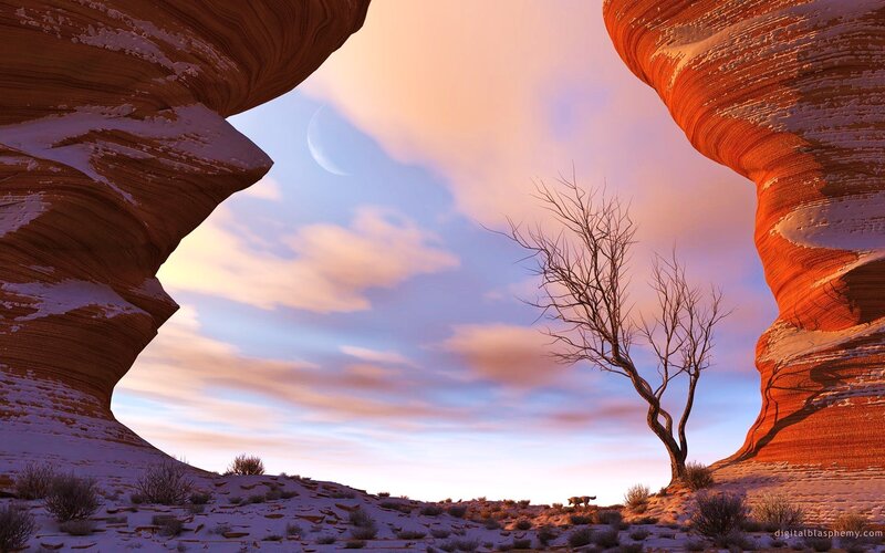 Desert canyon with snow and moon
