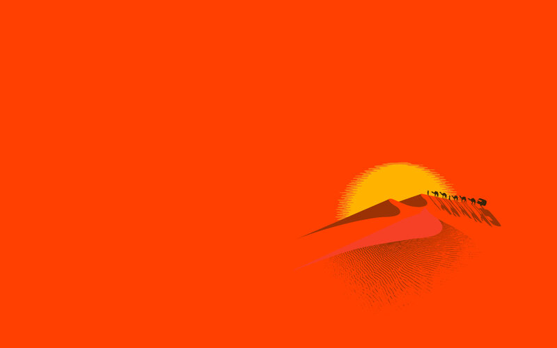 Desert caravan at sunset